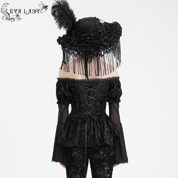 Devil Fashion Gothic Victorian Vampire Black Velvet Rose Princess Peplum Top - Picture 11 of 16